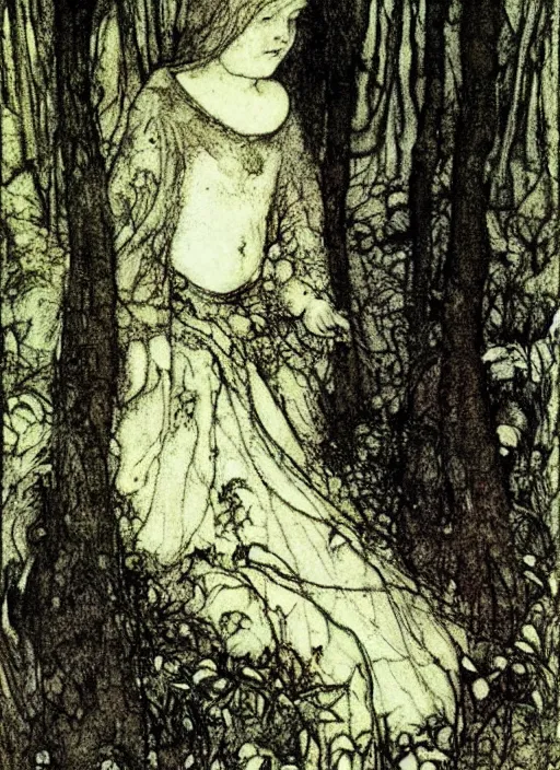 Prompt: little girl in the scary woods by john bauer, arthur rackham