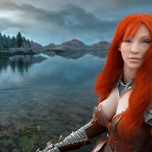 Prompt: beautiful female redhead elf warrior wearing armor, sitting next to a beautiful lake at dawn, enjoying the wind, looking at the water. 8k ultra realistic, award winning, unreal engine 5, masterpiece, atmosphere glow, hyperrealistic, focused, extreme details, cinematic, f/1.4