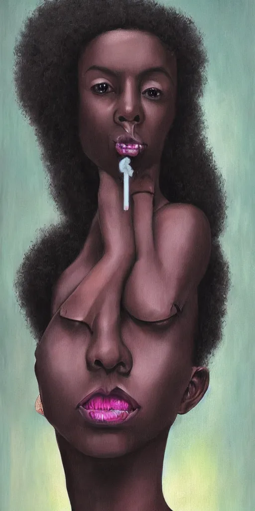 Image similar to A beautiful tall black woman with dark skin and a pink afro, looking at you from across the bar, holding a lit cigarette, digital art, oil painting, clean lines, drawn by H.R Giger