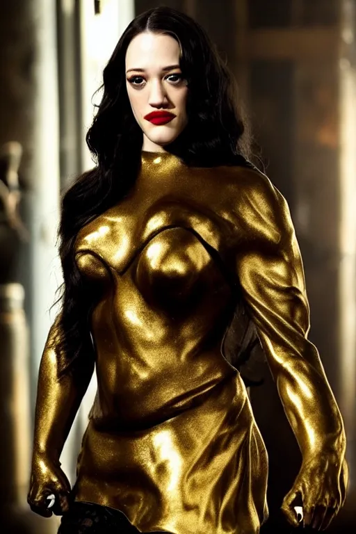 Image similar to Kat Dennings wearing golden mask, hair like fire, muscular, in dark soul