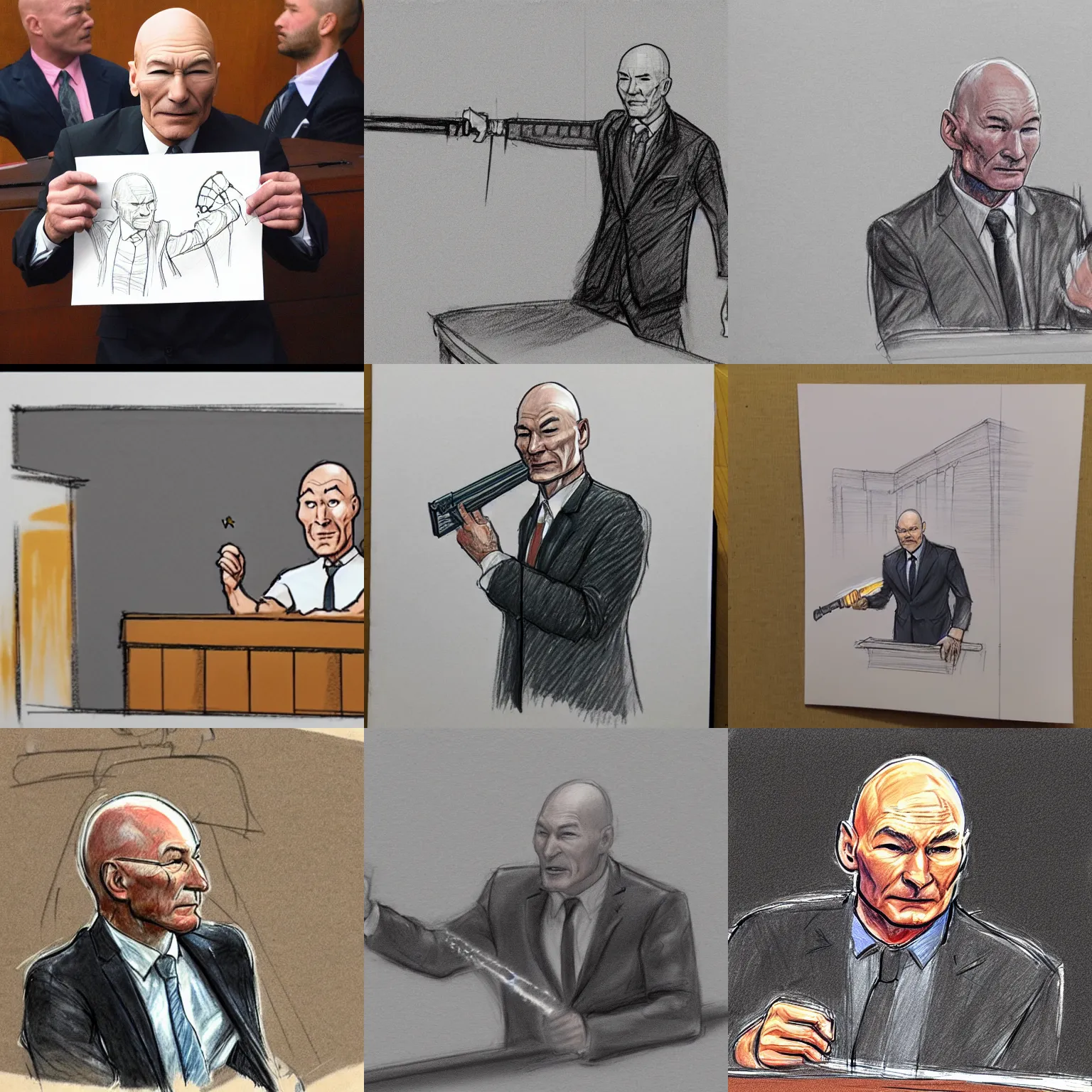 Image similar to Patrick Stewart firing a railgun, court room sketch