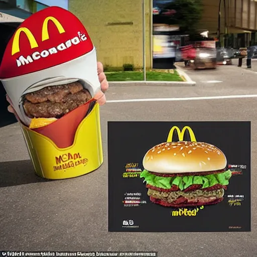 Prompt: a promotional advertisement from McDonald’s introducing the new McTrash, a burger made of trash now sold at McDonald’s