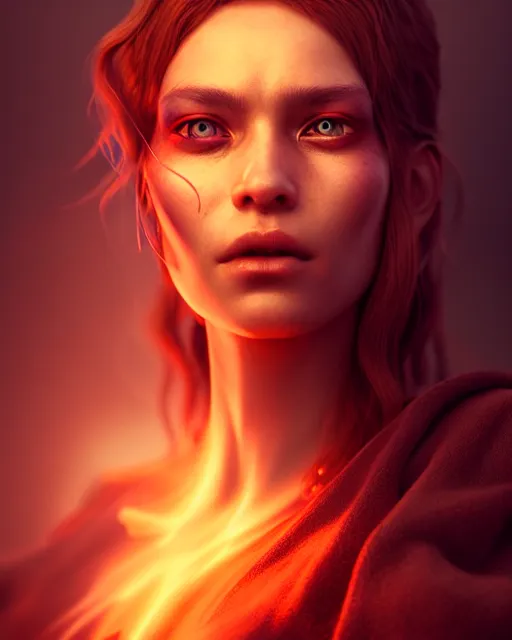 Image similar to Beautiful art portrait of fire elemental woman, atmospheric lighting, intricate detail, cgsociety, hyperrealistic, octane render, RPG portrait, ambient light, dynamic lighting