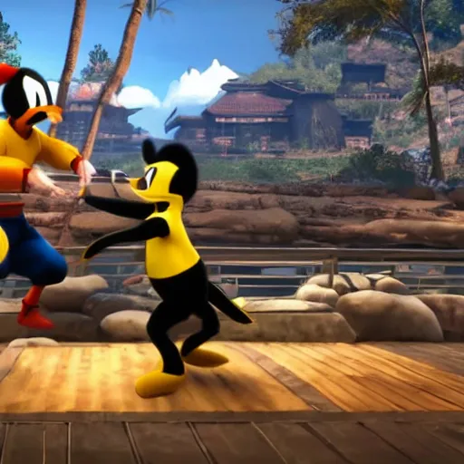 Image similar to gameplay screenshot of bruce lee vs donald duck in mortal kombat 1 1,