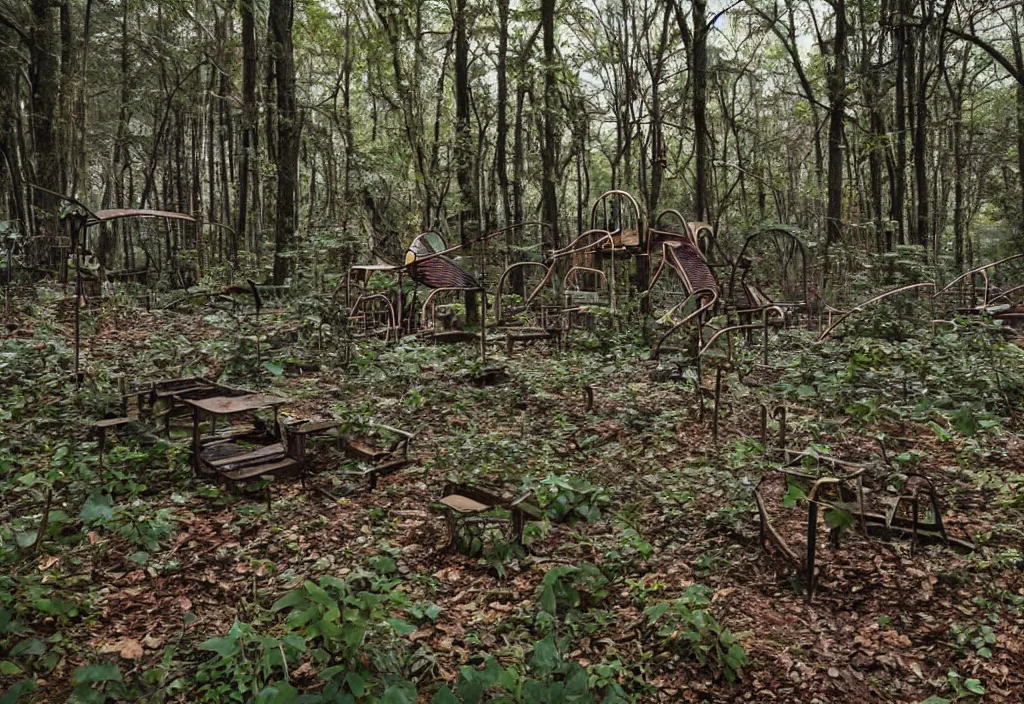 Prompt: an abandoned creepy playground in the middle of a dense forest, high detail