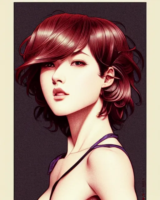 Image similar to ' bored woman with short hair ', closeup shot of face, beautiful shadowing, soft shadowing, reflective surfaces, illustrated completely, 8 k beautifully detailed pencil illustration, extremely hyper - detailed pencil illustration, intricate, epic composition, masterpiece, bold complimentary colors. stunning masterfully illustrated by artgerm, range murata, alphonse mucha, katsuhiro otomo.