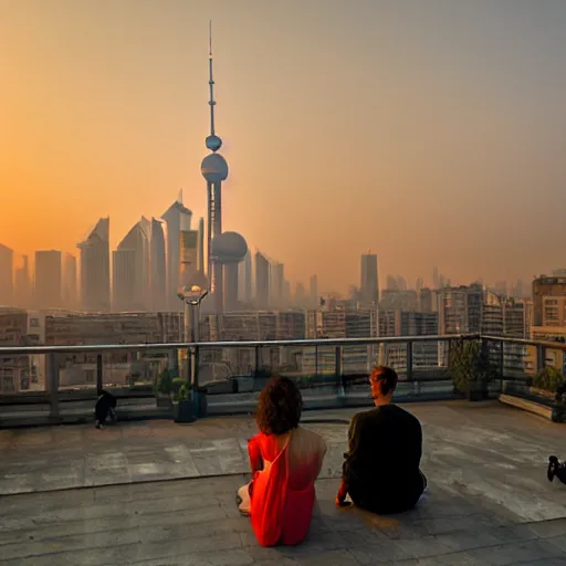 Image similar to a small rooftop with a couple of people sitting and watching the view, wearing black modern clothes, messy hair, modern shanghai bund in smog is on the background, sunset, by gregory crewdson