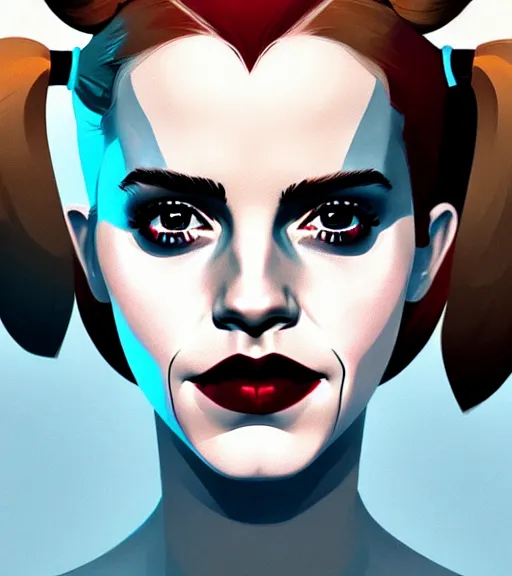 Image similar to portrait of emma watson as harley quinn by atey ghailan, by greg rutkowski, by greg tocchini, by james gilleard, by joe fenton, by kaethe butcher, dynamic lighting, gradient light blue, brown, blonde cream and white color scheme, grunge aesthetic