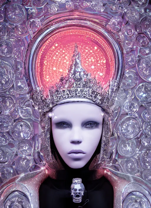 Image similar to photo of baroque and bladerunner delicate neon diamond sculpture of seductive ceramic albino king kit butler dotado creamy orange iridescent humanoid deity wearing white fluffy hoody holding diamond skull in a black metallic dungeon, reclining, glowing rainbow face, crown of white diamonds, cinematic lighting, photorealistic, octane render 8 k depth of field 3 d