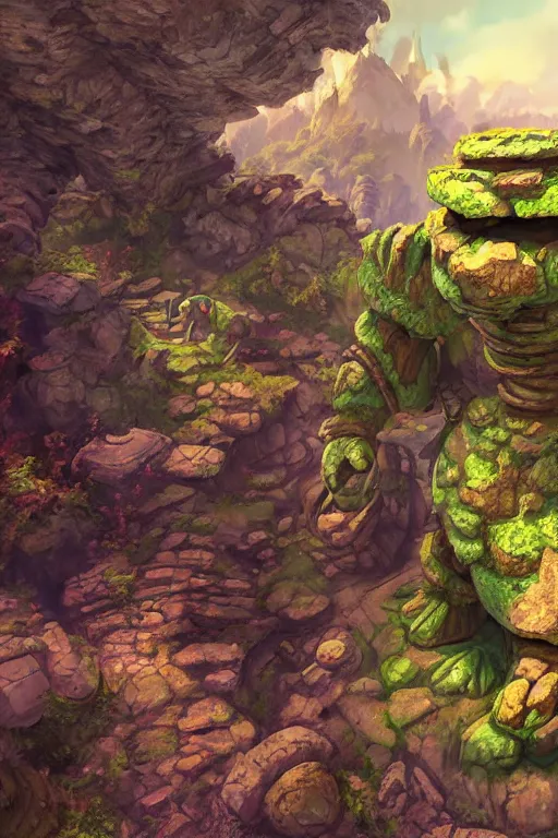 Image similar to zelda fantasy art giant golem troll wood rock greeble gemstone, global illumination ray tracing hdr fanart arstation by sung choi and eric pfeiffer and gabriel garza and casper konefal