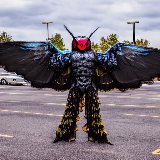 Prompt: 90s photo of mothman in a Walmart parking lot, blurry, XF IQ4, 150MP, 50mm, F1.4, ISO 200, 1/160s, Adobe Lightroom, photolab, Affinity Photo, PhotoDirector 365,