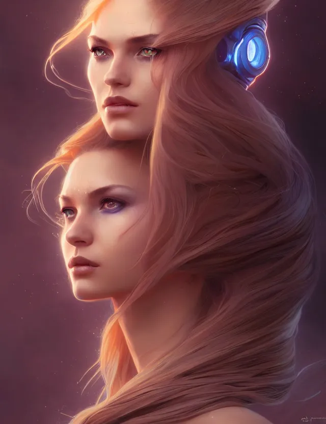 Image similar to futuristic woman portrait, sci-fi, amber eyes, face, long hair, fantasy, intricate, elegant, highly detailed, digital painting, artstation, concept art, smooth, sharp focus, illustration, art by artgerm and greg rutkowski and alphonse mucha