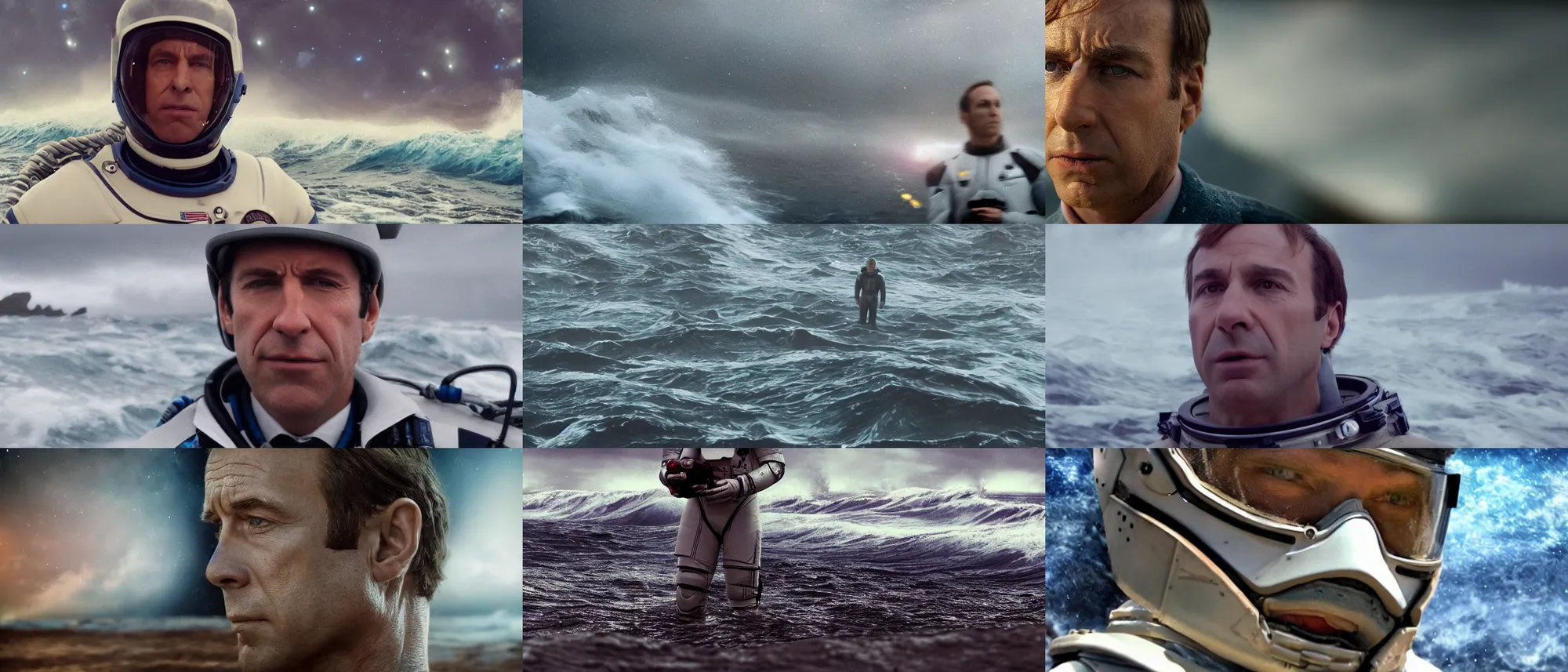 Prompt: on ocean , bokeh !!cinematic close up shot of saul goodman wearing the spacesuit in scene from the movie interstellar ,shady dull weather, panorama,natural dull colours, anamorphic, epic cinematic, DOF,exteremely giant ocean wave in background