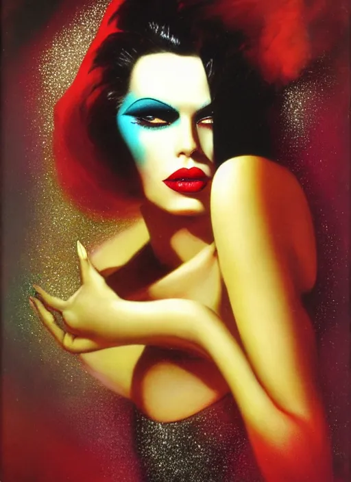 Image similar to an 8 0 s portrait of a woman with dark eye - shadow and red lips with dark slicked back hair dreaming acid - fueled hallucinations by serge lutens, rolf armstrong, delphin enjolras, peter elson