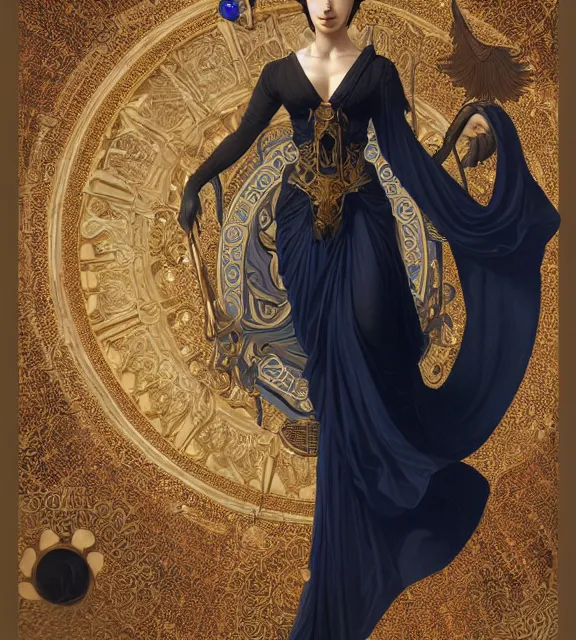 Prompt: god of death, young man, in the underworld, elegant dark blue dress, very detailed, throne, very intricate details, jewelry, gold tattoos, elaborate long black hairstyle, wings, cinematic, artstation, william bouguereau, alphonse mucha, greg rutkowski, rossdraws, octane render