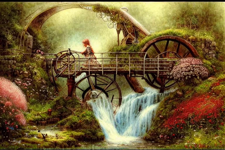 Image similar to adventurer ( ( ( ( ( 1 9 5 0 s retro future waterwheel and mill in forrest of giant mushrooms, moss and flowers stone bridge waterfall. muted colors. ) ) ) ) ) by jean baptiste monge!!!!!!!!!!!!!!!!!!!!!!!!! chrome red