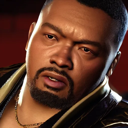 Image similar to a videogame still of Timbaland in Tekken 7, 40mm lens, shallow depth of field, split lighting