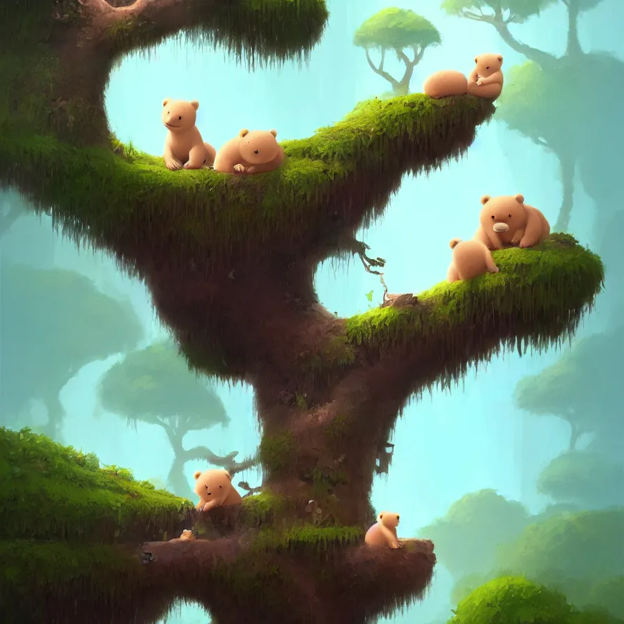 Image similar to A river, a baby bear on top of a trunk, jungle, art by Goro Fujita, ilustration, concept art, sharp focus, ArtStation, Deviantart