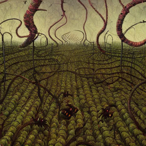 Image similar to a hyperrealistic painting of a psychedelic nightmare landscape, worms, bees, vines, by anton semenov and santiago caruso, highly detailed, vivid color,