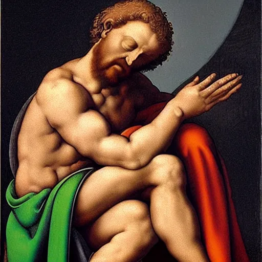 Image similar to biblical God as interpreted by Michelangelo, is crying in tears and is very sad and sorrow , after creating humans