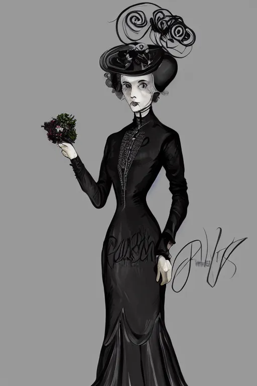 Image similar to Pretty victorian woman in a black shiny dress, fullbody portrait, character concept art