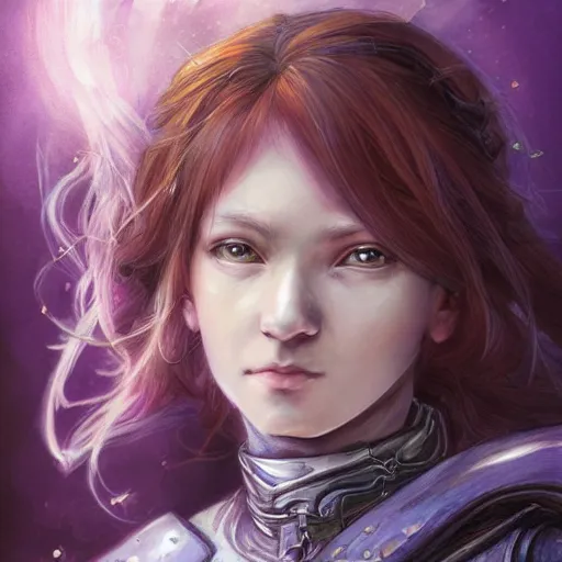 Image similar to portrait of a female halfling sorcerer by ayami kojima, she is about 2 0 years old, purple hair, leadership vibes, she is wearing a modern tactical gear, scifi, highly detailed portrait, digital painting, artstation, concept art, smooth, sharp foccus ilustration, artstation hq