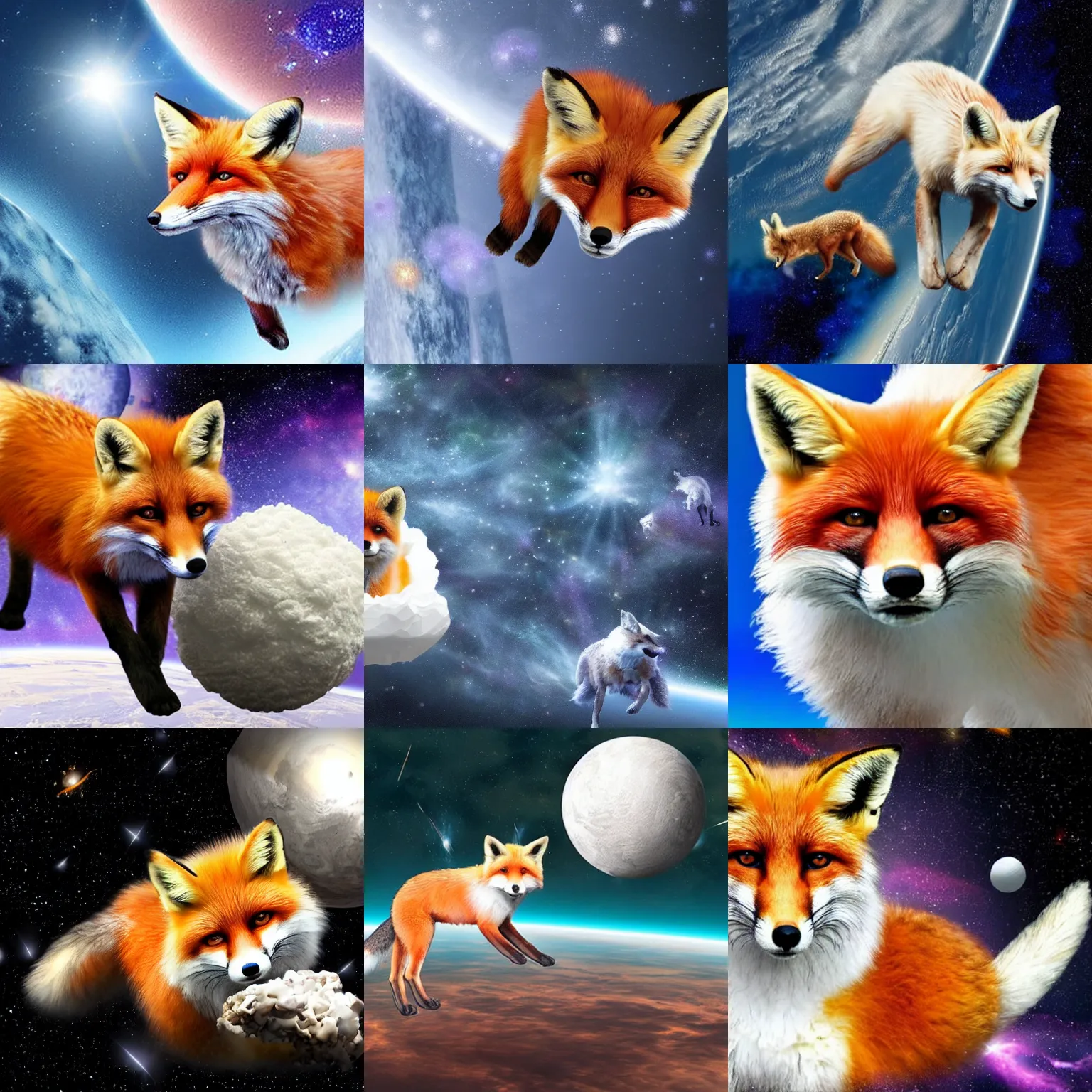 Prompt: a white crunch with fox are floating in space, realistic