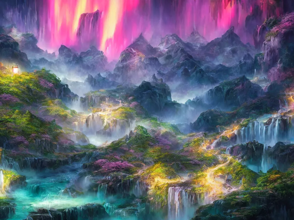 Prompt: a detailed illustration of an epic fantasy landscape featuring waterfalls, mountain city, streams, floating lanterns, cherry blossoms with aurora borealis by alyn spiller and ryan church, 4K, trending in artstation, wide angle, futuristic, octane render