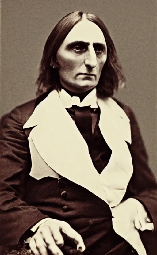 Prompt: a colour photograph of franz liszt ( 1 8 1 1 - 1 8 8 6 ) in the style of annie liebowitz