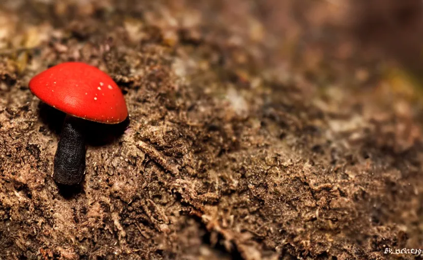 Prompt: a photography of a bloody mushroom, photorealistic, terriying, insects flying, 2 4 mm,