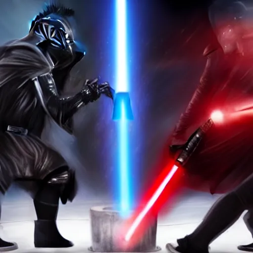 Prompt: dwayne johnson vs darth vador in a lightsaber fight, realistic, star wars