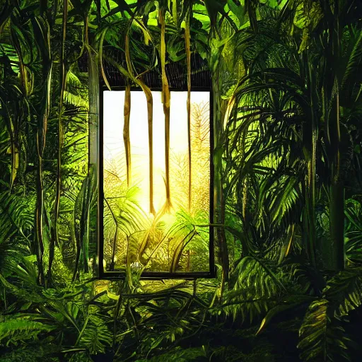 Image similar to sunrise in a tropical jungle, lighting a door that is overgrown with vines, leaves on the ground, small window with a light inside, sun rays, beautiful steel wall covered in geometric artwork, extreme detail, 8k