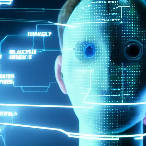 Image similar to film still of Black Mirror Episode about an Artificial Intelligence that becomes Sentient , VFX, 2022, 40mm lens, shallow depth of field