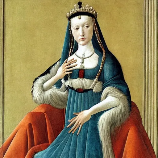 Prompt: portrait of a white with white fur as an italian queen, painting by botticelli, 1 4 8 0 s