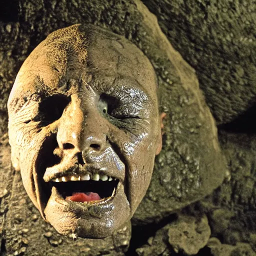 Prompt: photo inside a cavern of a wet reptilian humanoid robert wyatt partially hidden behind a rock, with black eyes, open mouth and big teeth