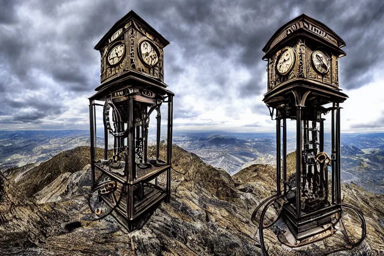 Prompt: the impossible clock tower on the top of a mountain, steampunk art, digital art, wide angle view