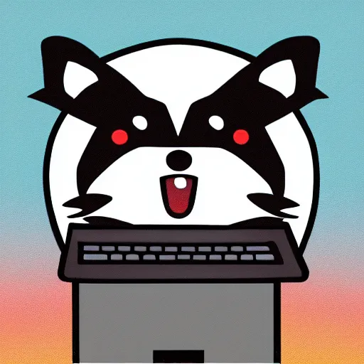 Prompt: logo of a happy raccoon pushing a grocery cart with a laptop on top and a face mask hanging off the corner