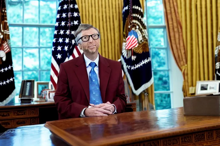 Image similar to president bill gates gives an emergency oval office address, sitting at the resolute desk, circa 2 0 2 2, professional photo, dslr, bokeh