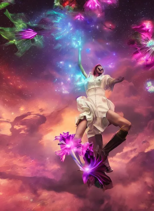 Prompt: An epic fantastic realism comic book style painting of the most beautiful twirling flowers launched across the spinning galaxy, bouquets, fisheye lens, unreal 5, DAZ, hyperrealistic, octane render, dynamic lighting