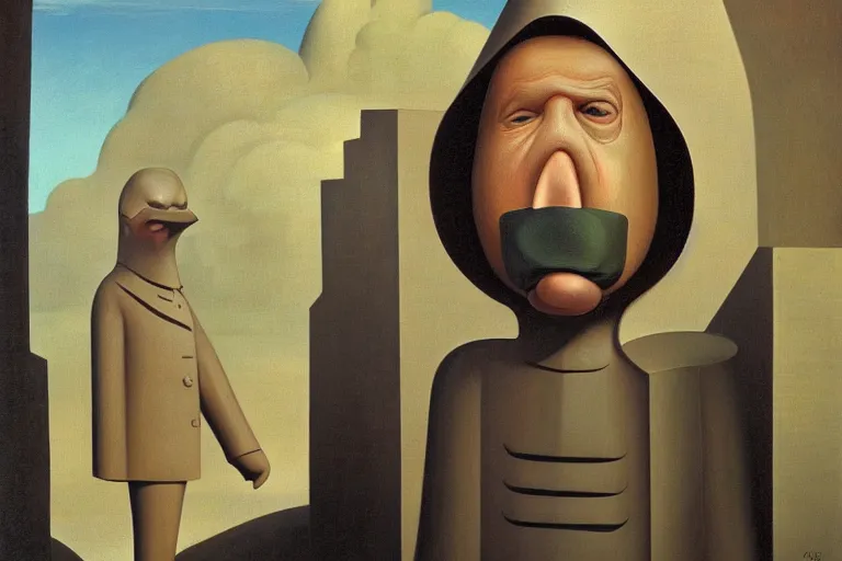 Image similar to Man with a gigantic nose banished from the village, by Grant Wood, Brian Despain, surrealism, figurativism, Giorgio de Chirico, brutalism, artstation