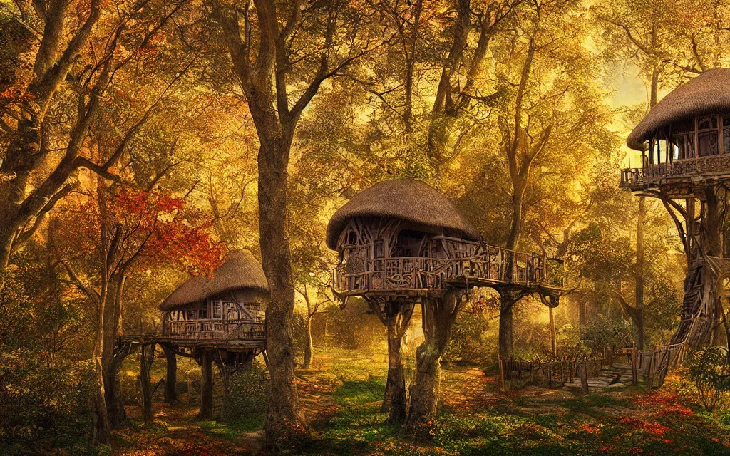 Prompt: a group of medieval style tree houses with thatched roofs, nestled in a forest, golden hour, autumn leaves, realistic high quality art digital art