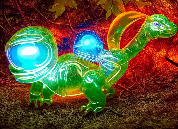Image similar to photo of a translucent clear chibi style baby dinosaur with symmetrical head and eyes, made out of clear plastic, but has red hypercolor glowing electric energy inside its body, and electricity flowing around the body. in the forest. fantasy magic style. highly detailed 8 k. intricate. nikon d 8 5 0 3 0 0 mm. award winning photography. design by pixar