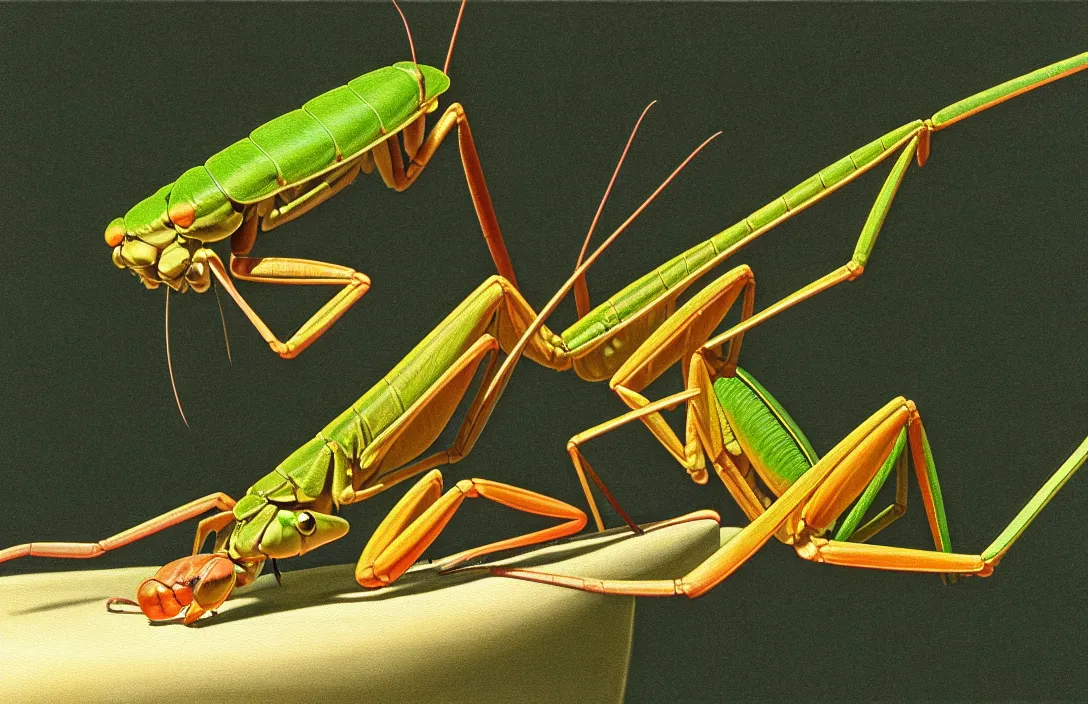 Prompt: implied lines, 4 k criterion collection remastered cinematography a praying mantis eating a dragonfly, photo realistic postprocessing interpolated by syd mead, claude gellee painting by james audubon