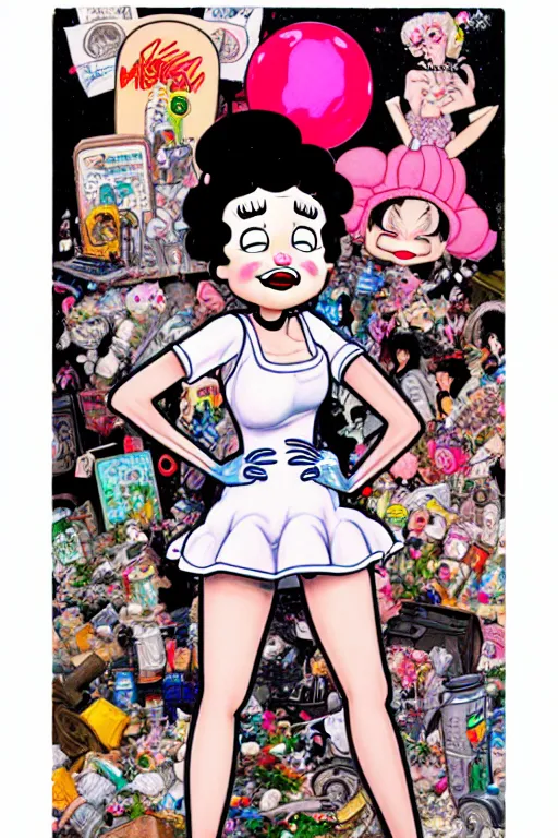 Image similar to full view, from a distance, of anthropomorphic trashcan who is betty boop, full of trash, style of yoshii chie and hikari shimoda and martine johanna, highly detailed