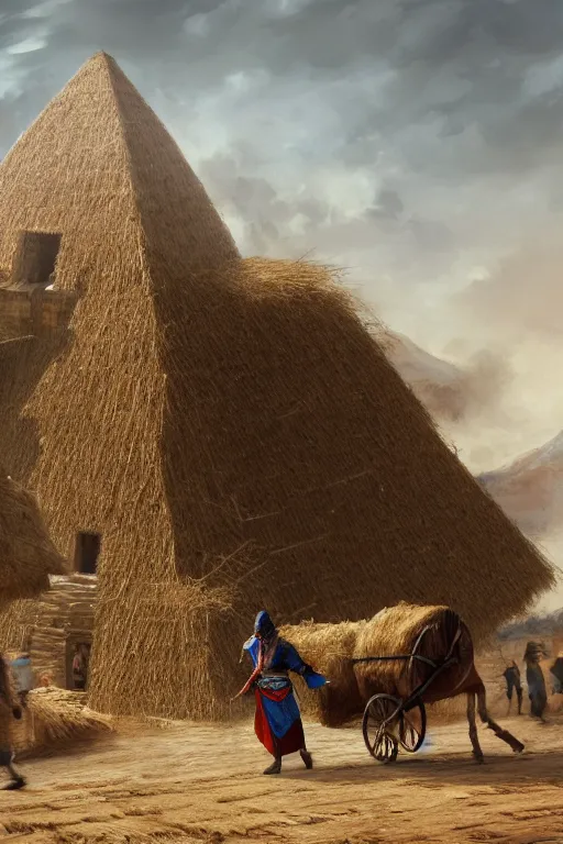 Image similar to ezio audotire falling on top of a cart filled with haystack, background has pyramids and dromedaries walking by, digital art, trending on artstation, 4 k