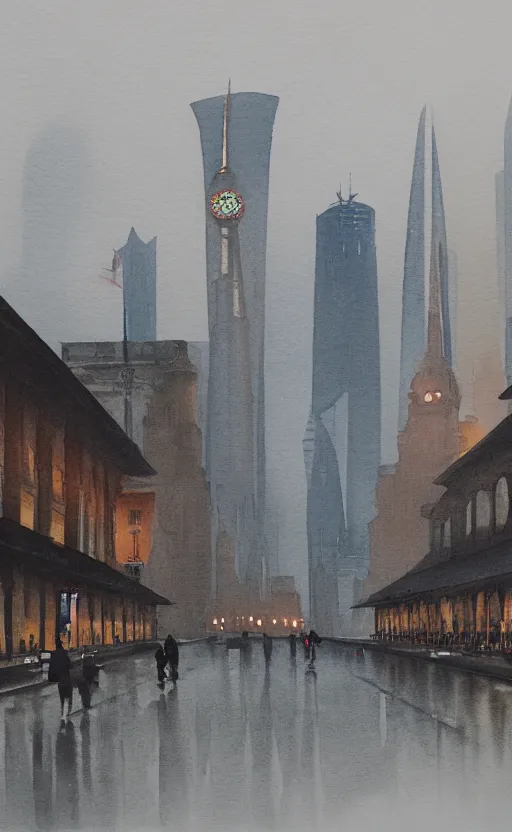 Prompt: A watercolor depicting an empty Shanghai Bund, gloomy weather, high contrast, smooth, by Joseph Zbikowicz, 8k