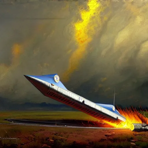 Prompt: a russian spaceship stuck in the ground, the spaceship is on fire, smoke, rainstorm, lightning, angry, kinetic, john sargent, adolphe bouguereaum, norman rockwell, style by peter deligdisch, trending on artstation, highly detailed oil painting,