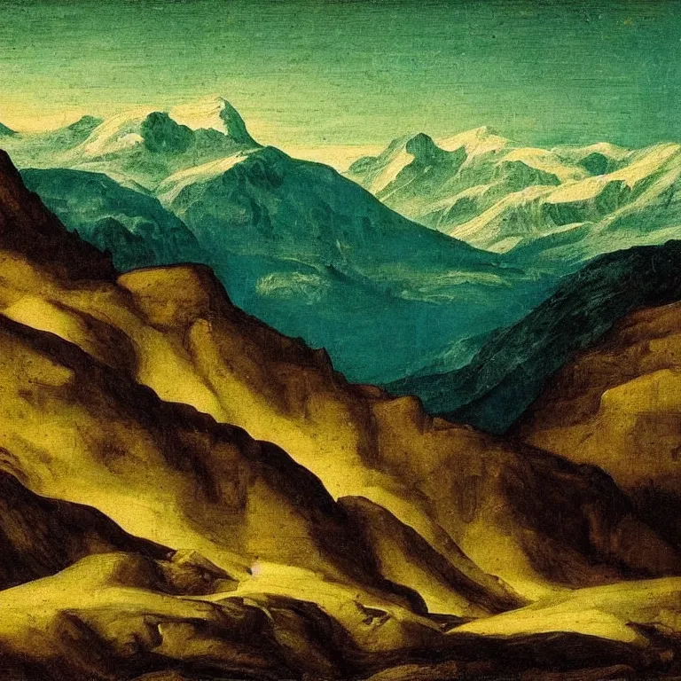 Image similar to caucasus mountains at night, renaissance painting, teal palette