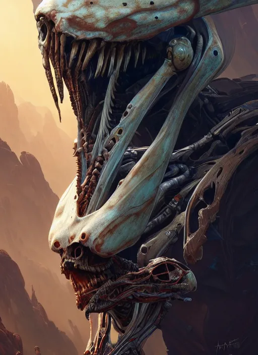 Image similar to asymmetrical!! portrait of an alien with bones and guts forming its face, machine face, intricate, elegant, highly detailed, digital painting, artstation, concept art, smooth, sharp focus, illustration, art by artgerm and greg rutkowski and alphonse mucha, horizon zero dawn 8 k, tim burton