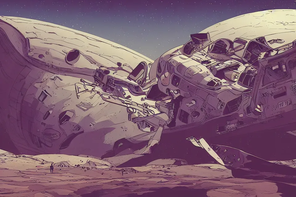 Image similar to very detailed, prophet graphic novel, ilya kuvshinov, mcbess, rutkowski, simon roy, illustration of a giant crashed space ship on a desert planet, wide shot